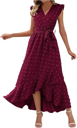 Long Dresses for Women Casual Loose Soft Flowy V Neck Sleeveless Wrap Dress Summer Asymmetrical Slit Maxi Sundress