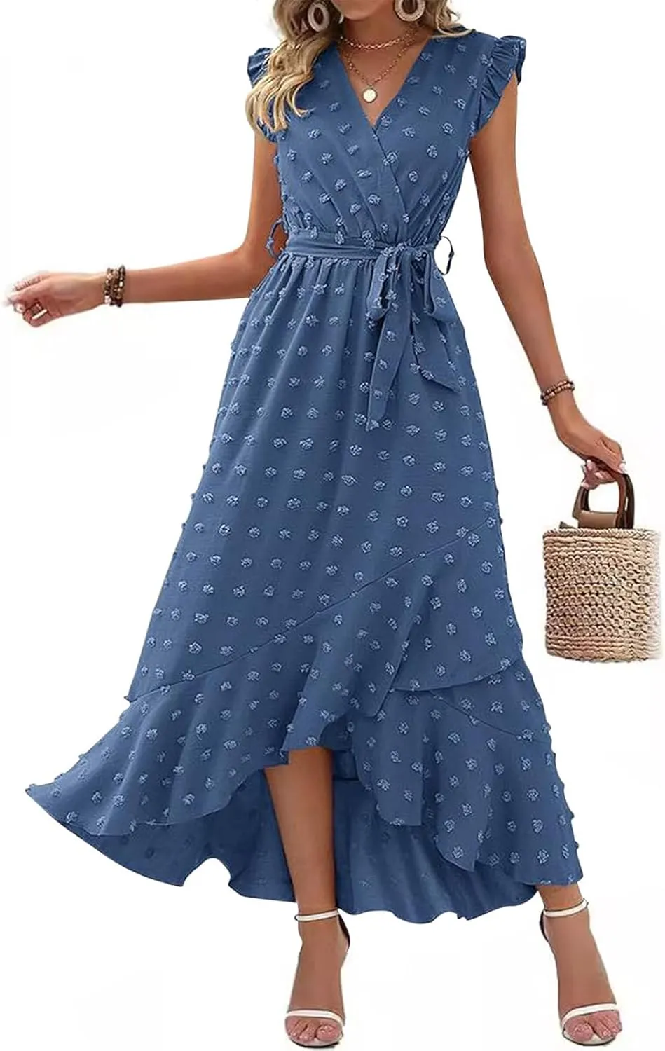 Long Dresses for Women Casual Loose Soft Flowy V Neck Sleeveless Wrap Dress Summer Asymmetrical Slit Maxi Sundress