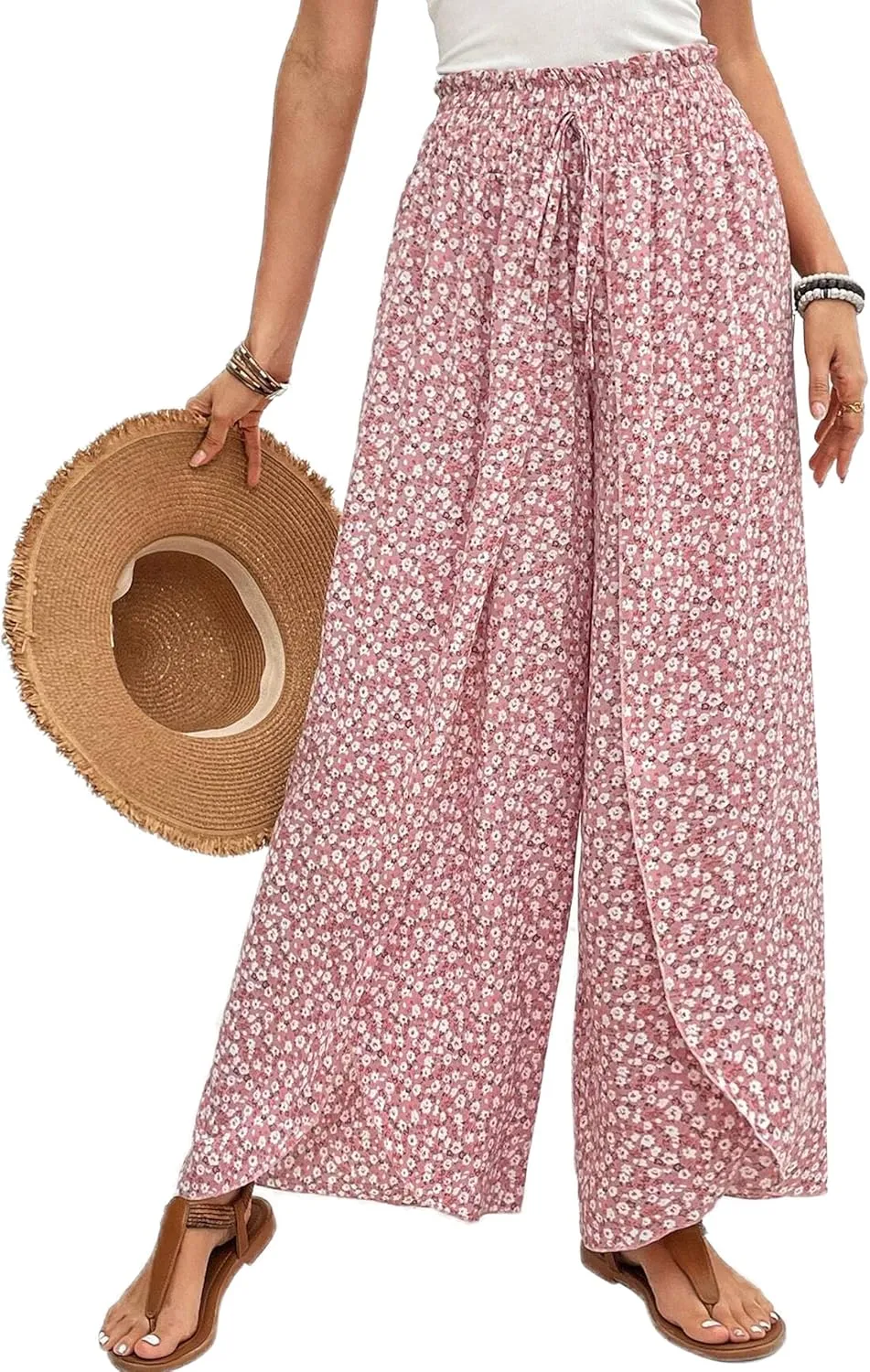 Mansy Women Casual High Waist Split Wide Leg Pants Summer Floral Long Palazzo Pants Lounge Beach Trousers