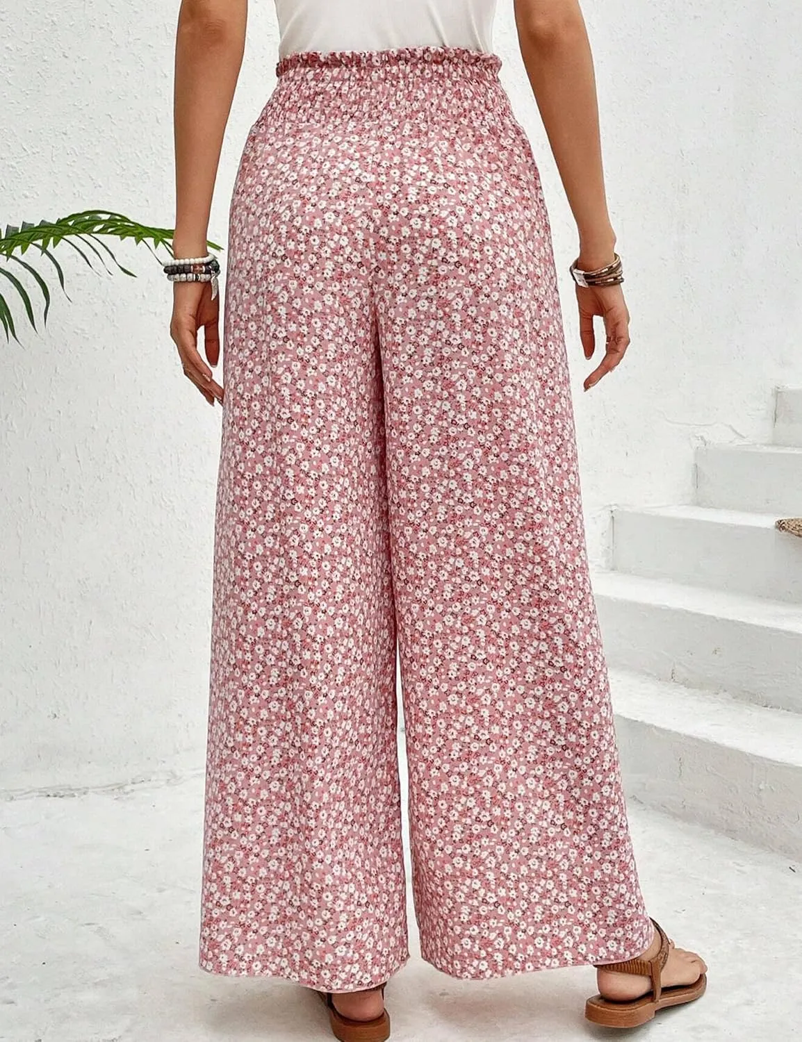 Mansy Women Casual High Waist Split Wide Leg Pants Summer Floral Long Palazzo Pants Lounge Beach Trousers