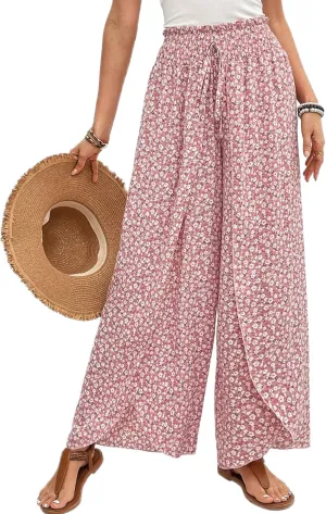 Mansy Women Casual High Waist Split Wide Leg Pants Summer Floral Long Palazzo Pants Lounge Beach Trousers