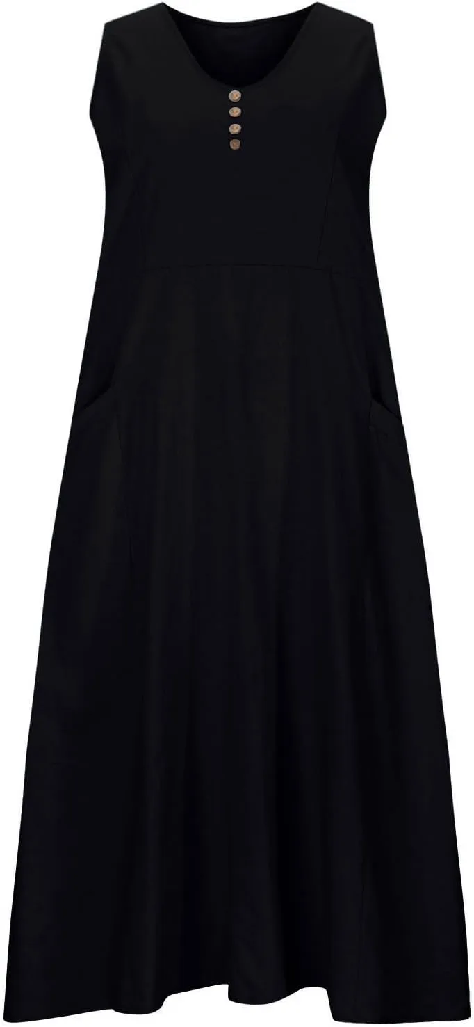 Maxi Dresses for Women 2025 Casual Loose Linen Dress Long Flowy V Neck Sleeveless Summer Dress Beach Sundresses