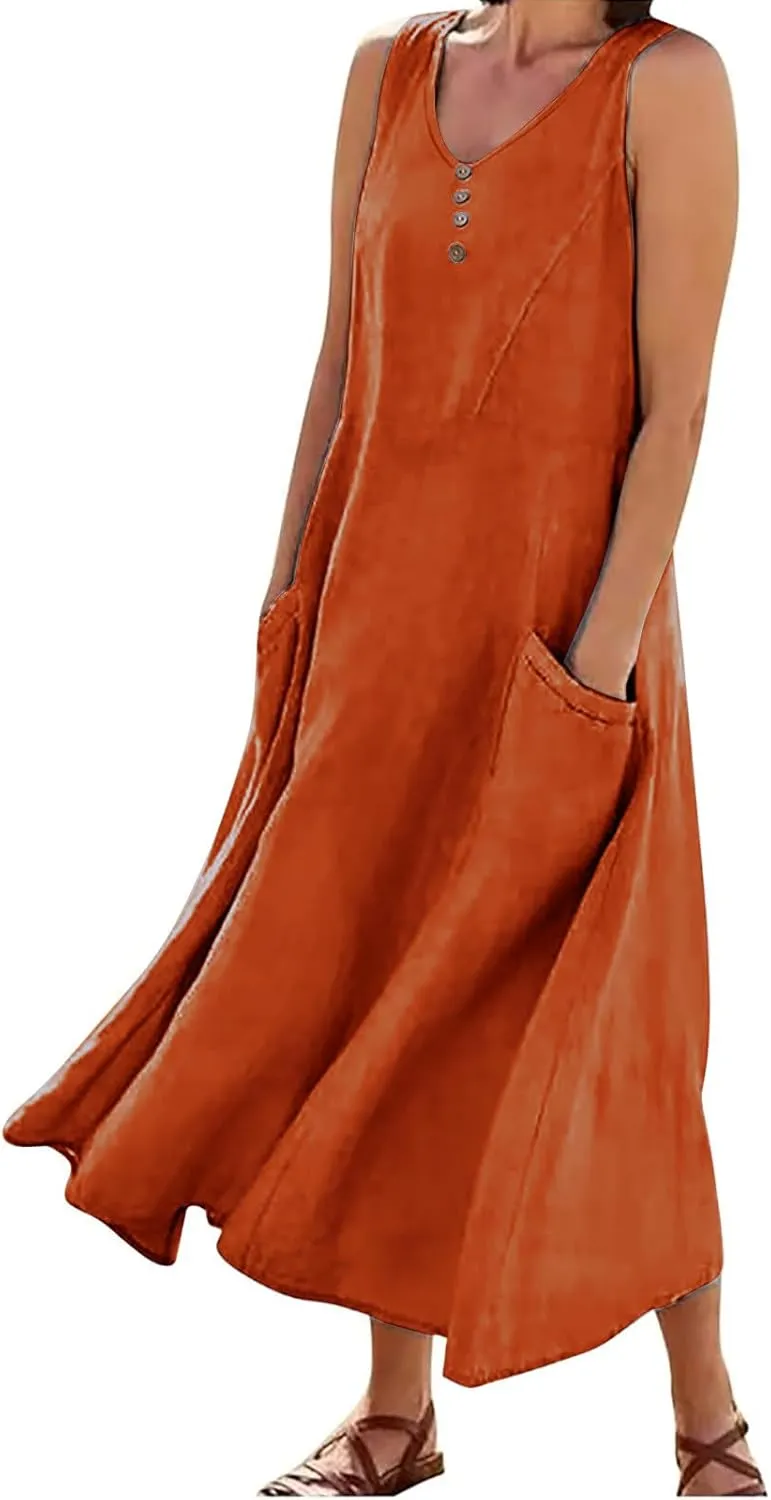 Maxi Dresses for Women 2025 Casual Loose Linen Dress Long Flowy V Neck Sleeveless Summer Dress Beach Sundresses