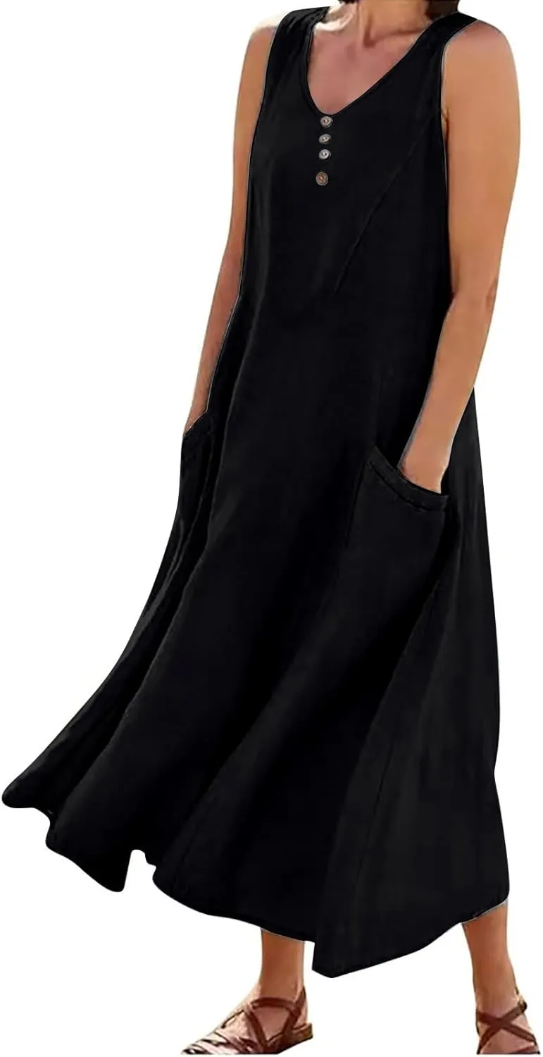 Maxi Dresses for Women 2025 Casual Loose Linen Dress Long Flowy V Neck Sleeveless Summer Dress Beach Sundresses