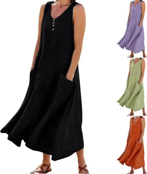 Maxi Dresses for Women 2025 Casual Loose Linen Dress Long Flowy V Neck Sleeveless Summer Dress Beach Sundresses