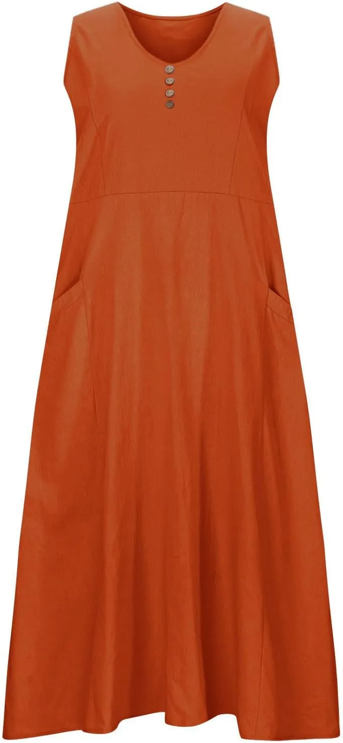 Maxi Dresses for Women 2025 Casual Loose Linen Dress Long Flowy V Neck Sleeveless Summer Dress Beach Sundresses