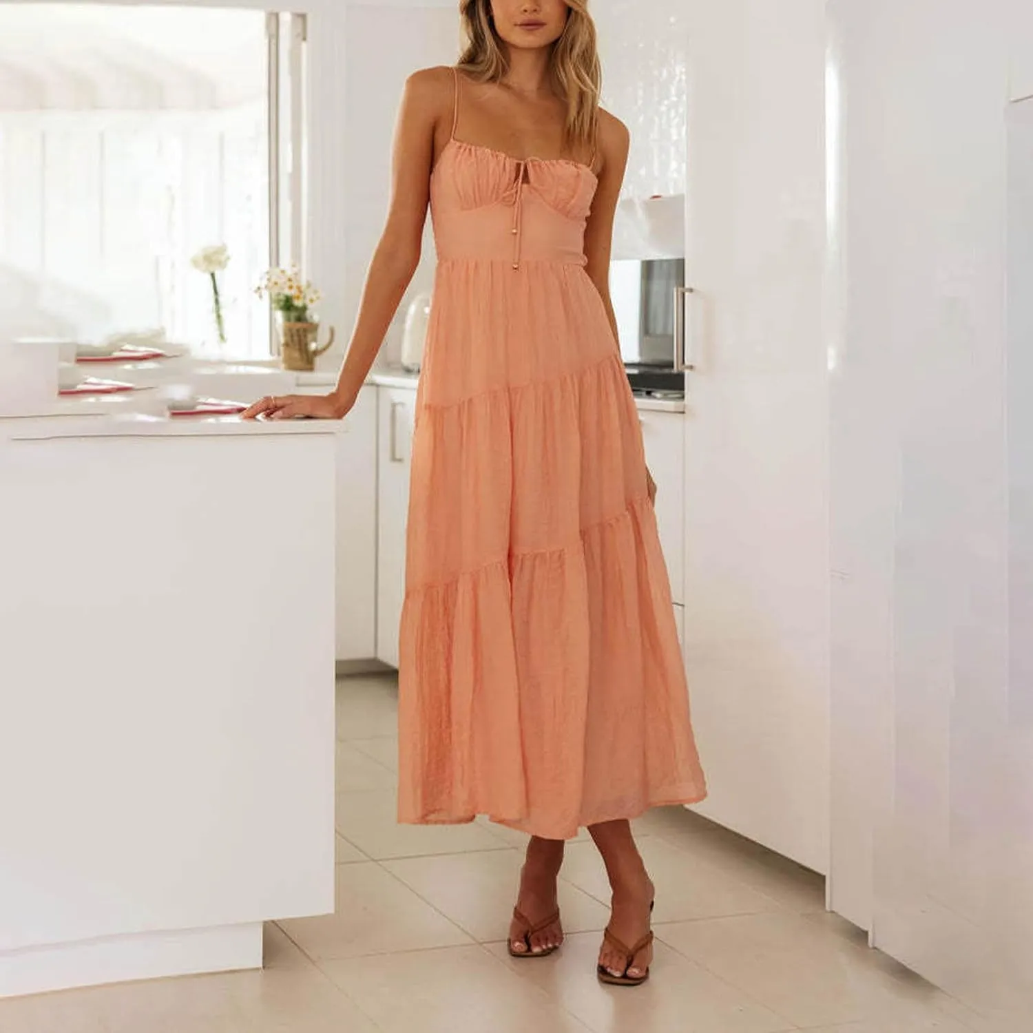 Maxi Dresses for Women 2025 Sexy Square Neck Halter Pleated Sundress Summer Casual Loose Flowy Boho Beach Long Dress
