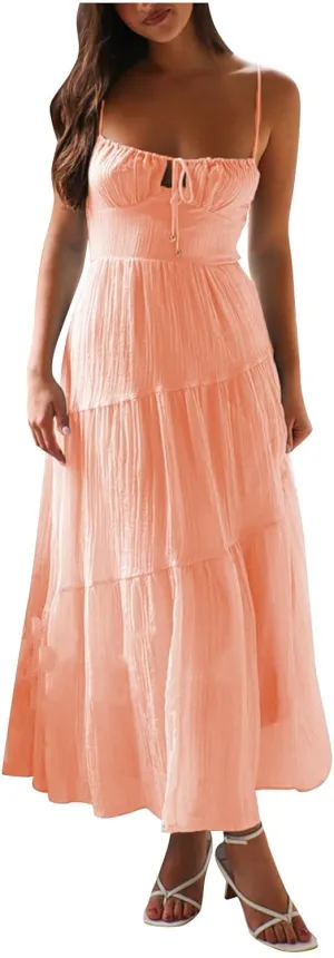 Maxi Dresses for Women 2025 Sexy Square Neck Halter Pleated Sundress Summer Casual Loose Flowy Boho Beach Long Dress