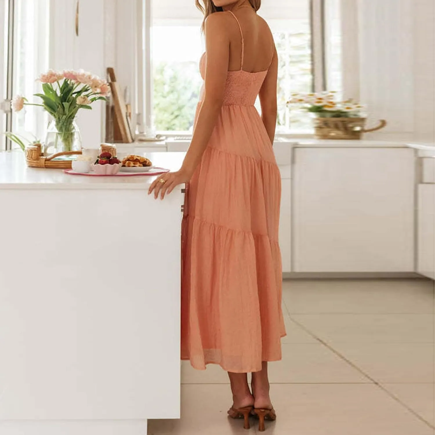 Maxi Dresses for Women 2025 Sexy Square Neck Halter Pleated Sundress Summer Casual Loose Flowy Boho Beach Long Dress