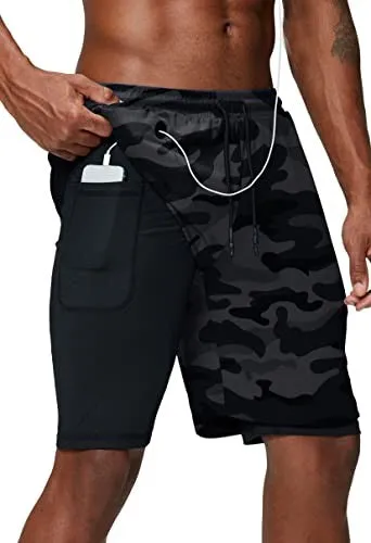 Men 2 in 1 running pants. Jogging gym fitness training quick dry shorts. Male sport workout shorts.