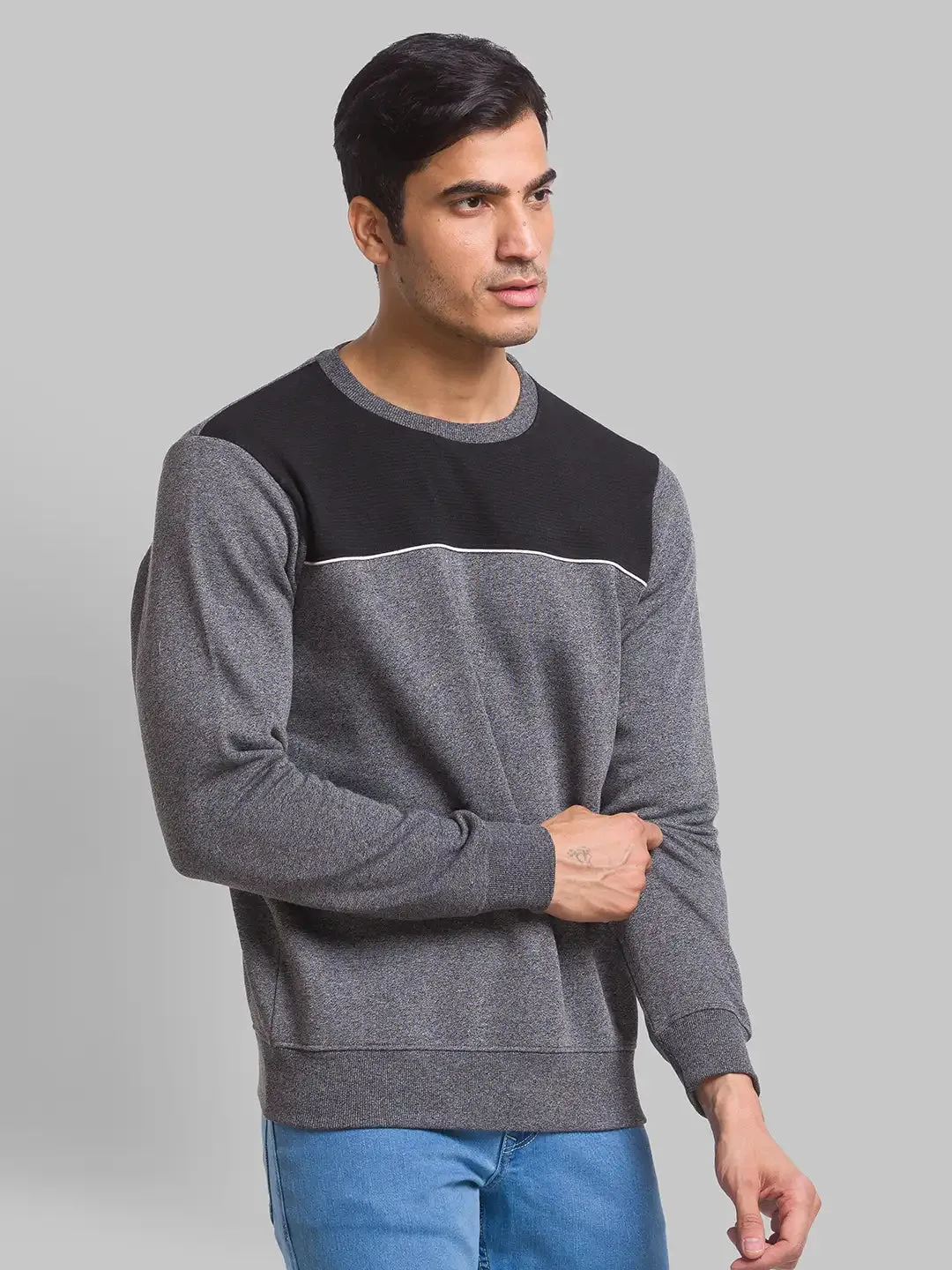 Men Black Regular Fit Cut & Sew Cotton Polyester Blend Sweatshirts