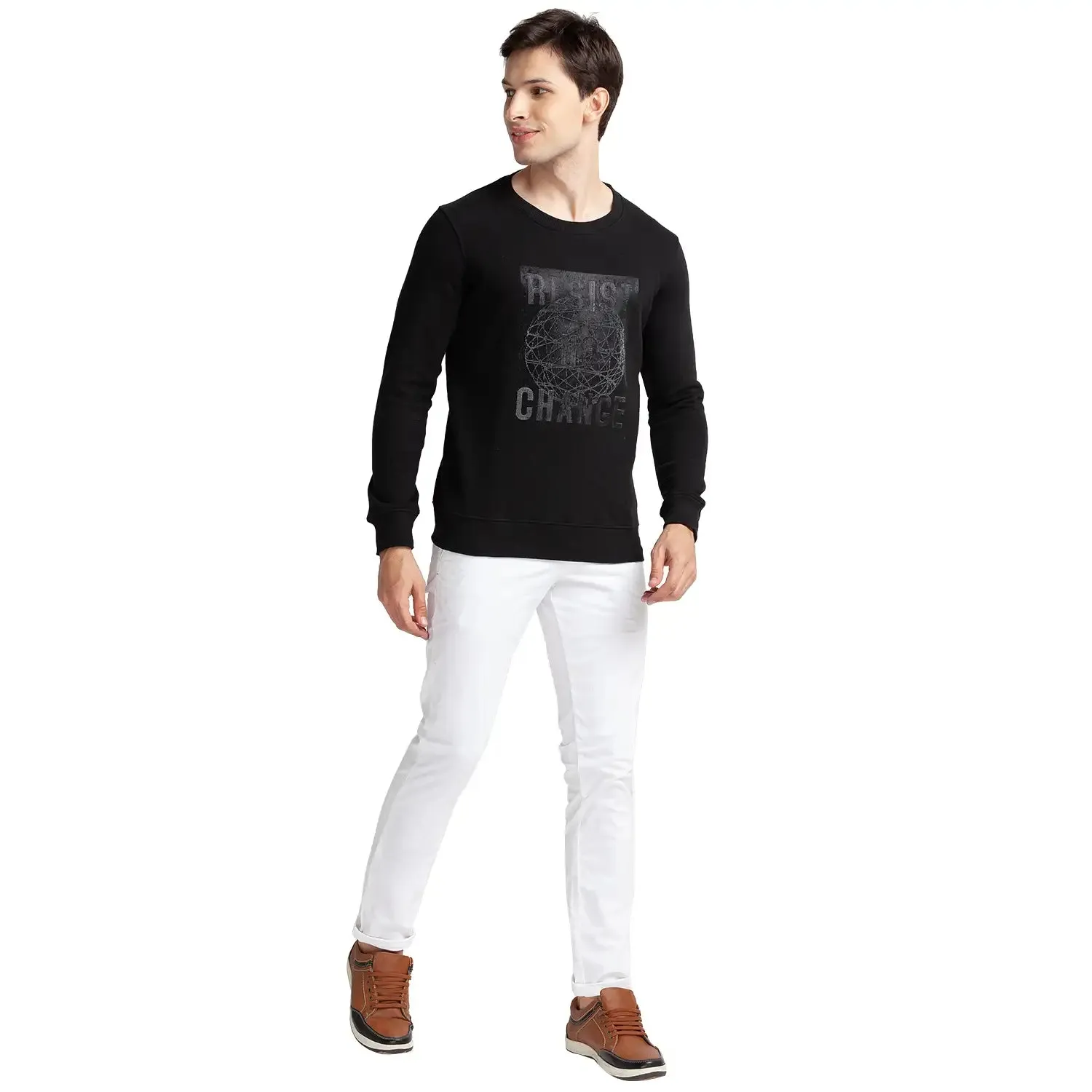 Men Black Regular Fit Print Cotton Polyester Blend Sweatshirts