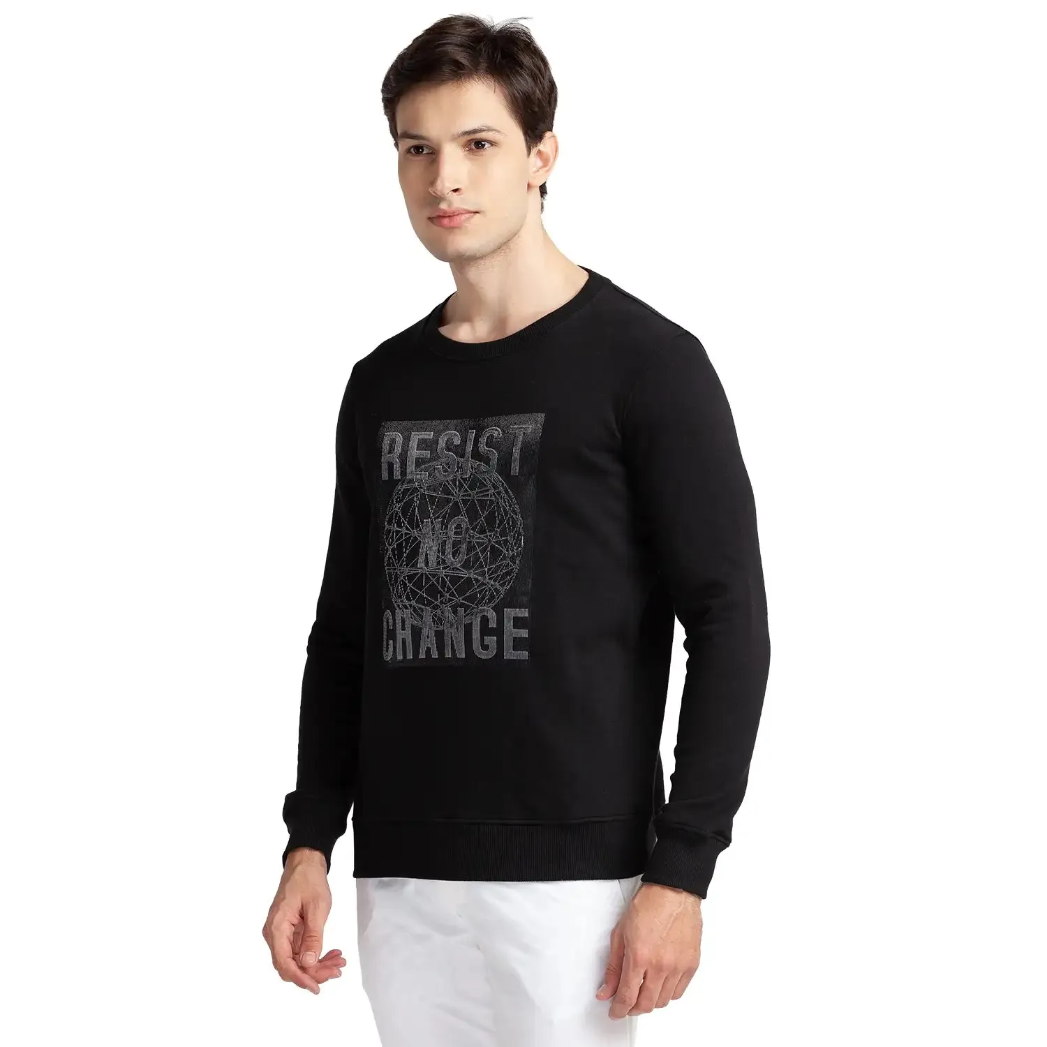 Men Black Regular Fit Print Cotton Polyester Blend Sweatshirts