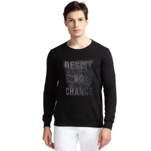Men Black Regular Fit Print Cotton Polyester Blend Sweatshirts