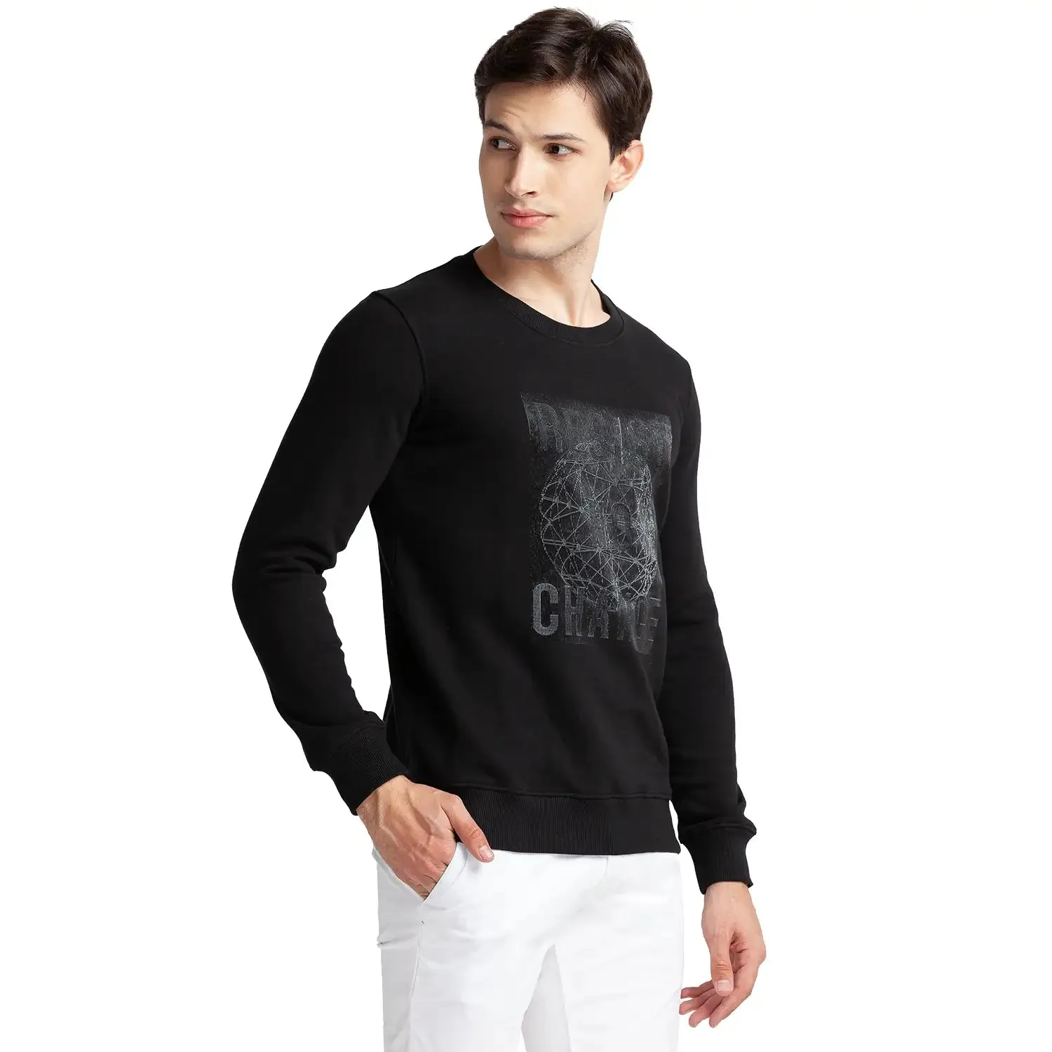 Men Black Regular Fit Print Cotton Polyester Blend Sweatshirts