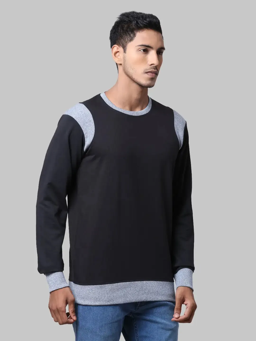 Men Black Regular Fit Solid Cotton Polyester Blend Round Collar Sweatshirts
