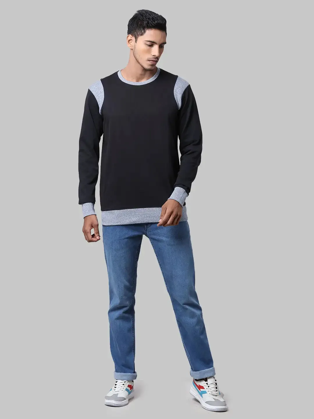 Men Black Regular Fit Solid Cotton Polyester Blend Round Collar Sweatshirts