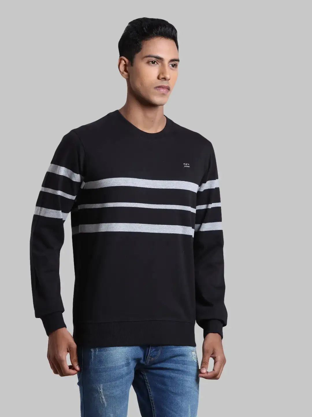 Men Black Tailored Fit Stripe Cotton Full Sleeve Round Collar Sweatshirts