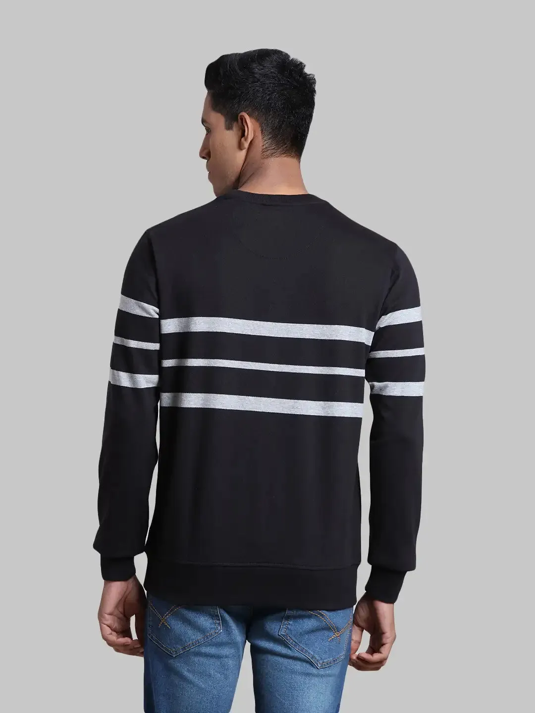 Men Black Tailored Fit Stripe Cotton Full Sleeve Round Collar Sweatshirts