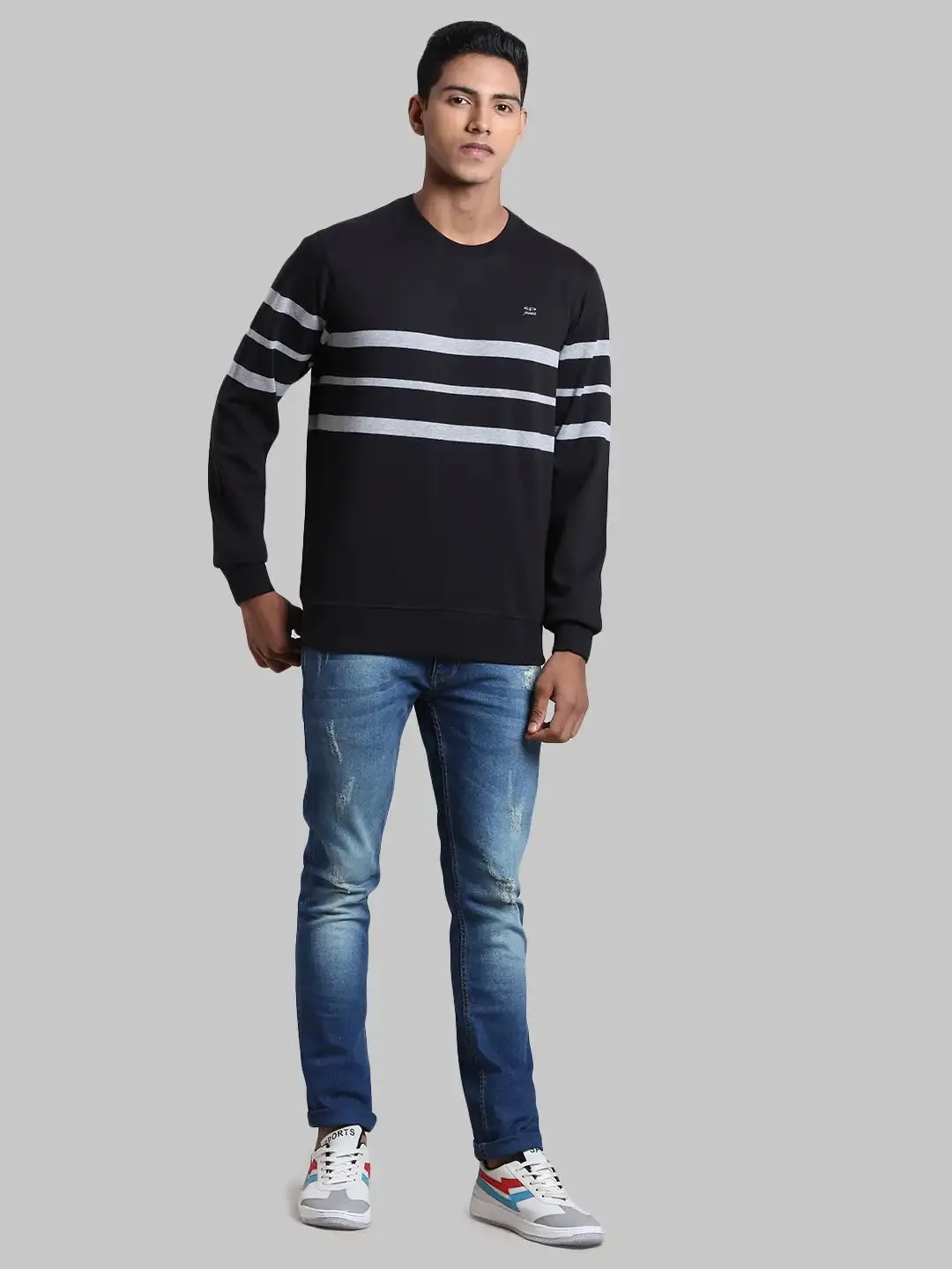 Men Black Tailored Fit Stripe Cotton Full Sleeve Round Collar Sweatshirts