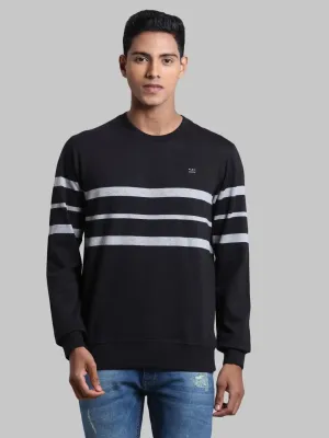 Men Black Tailored Fit Stripe Cotton Full Sleeve Round Collar Sweatshirts