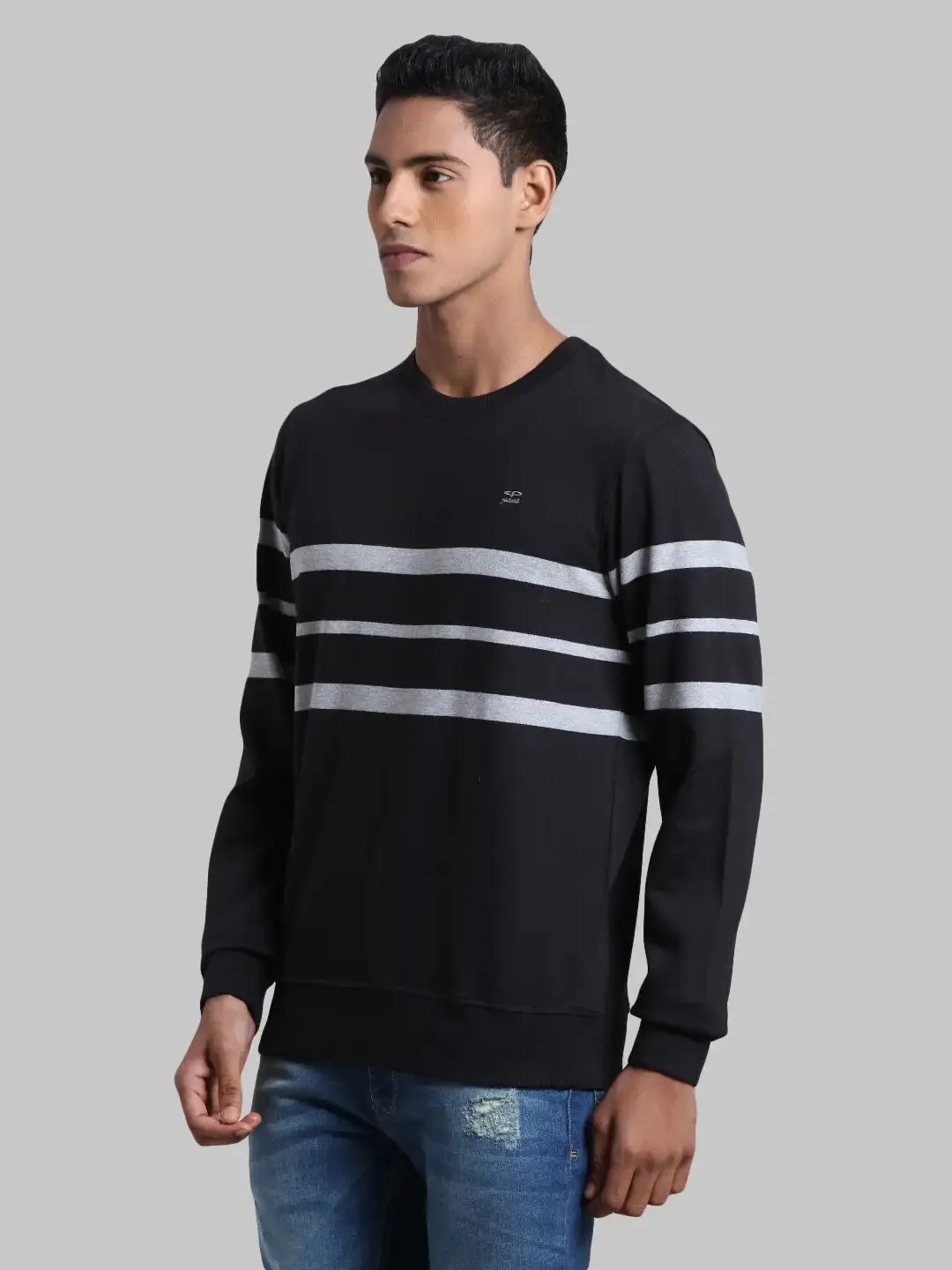 Men Black Tailored Fit Stripe Cotton Full Sleeve Round Collar Sweatshirts
