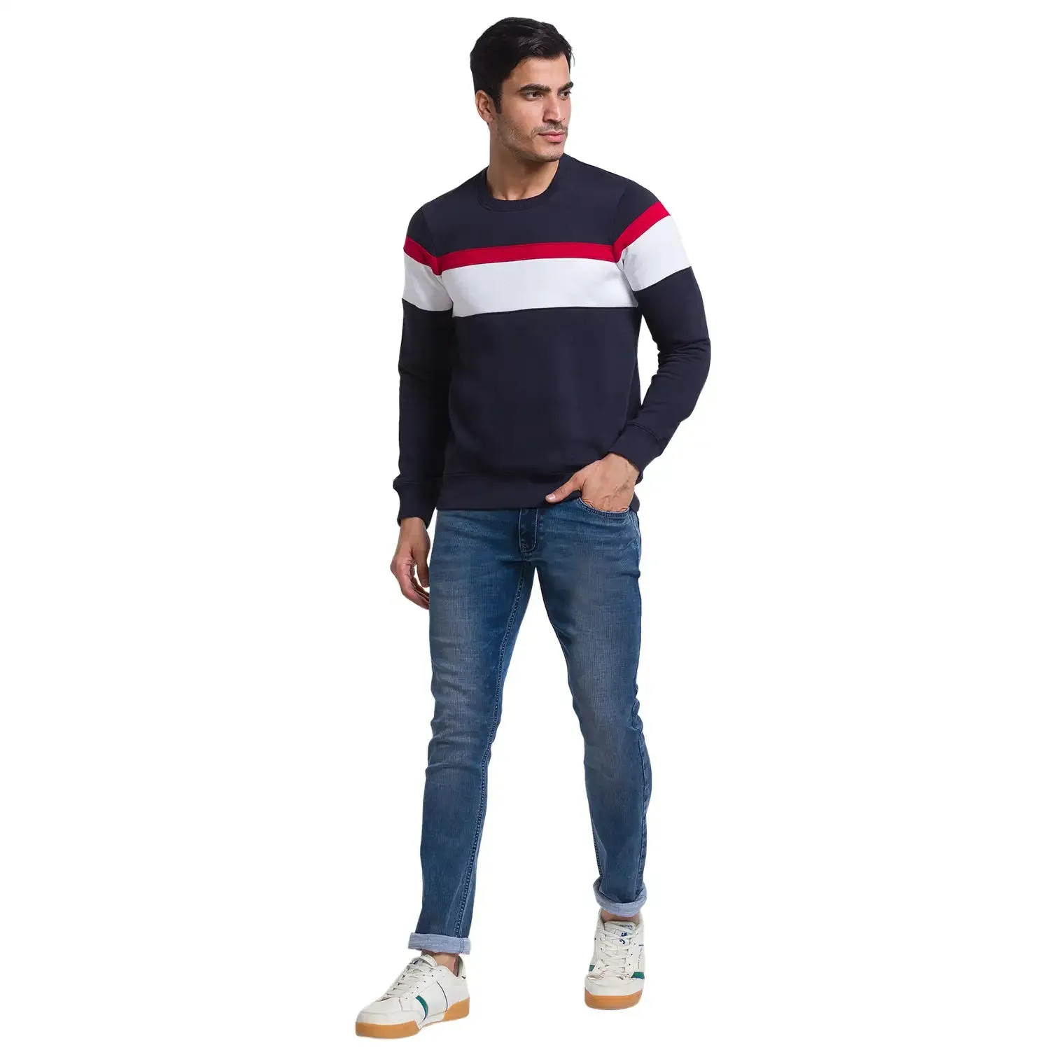 Men Blue Regular Fit Cut & Sew Cotton Polyester Blend Sweatshirts