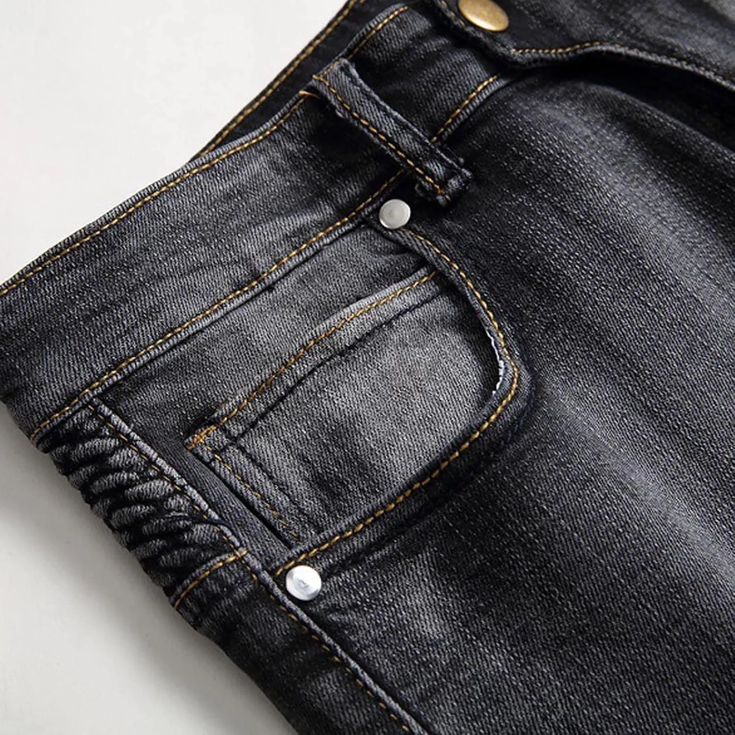 Men's Biker Moto Washed Jeans Bleach Distressed Slim Fit Straight Denim Pants Patchwork Patched Joggers Trousers