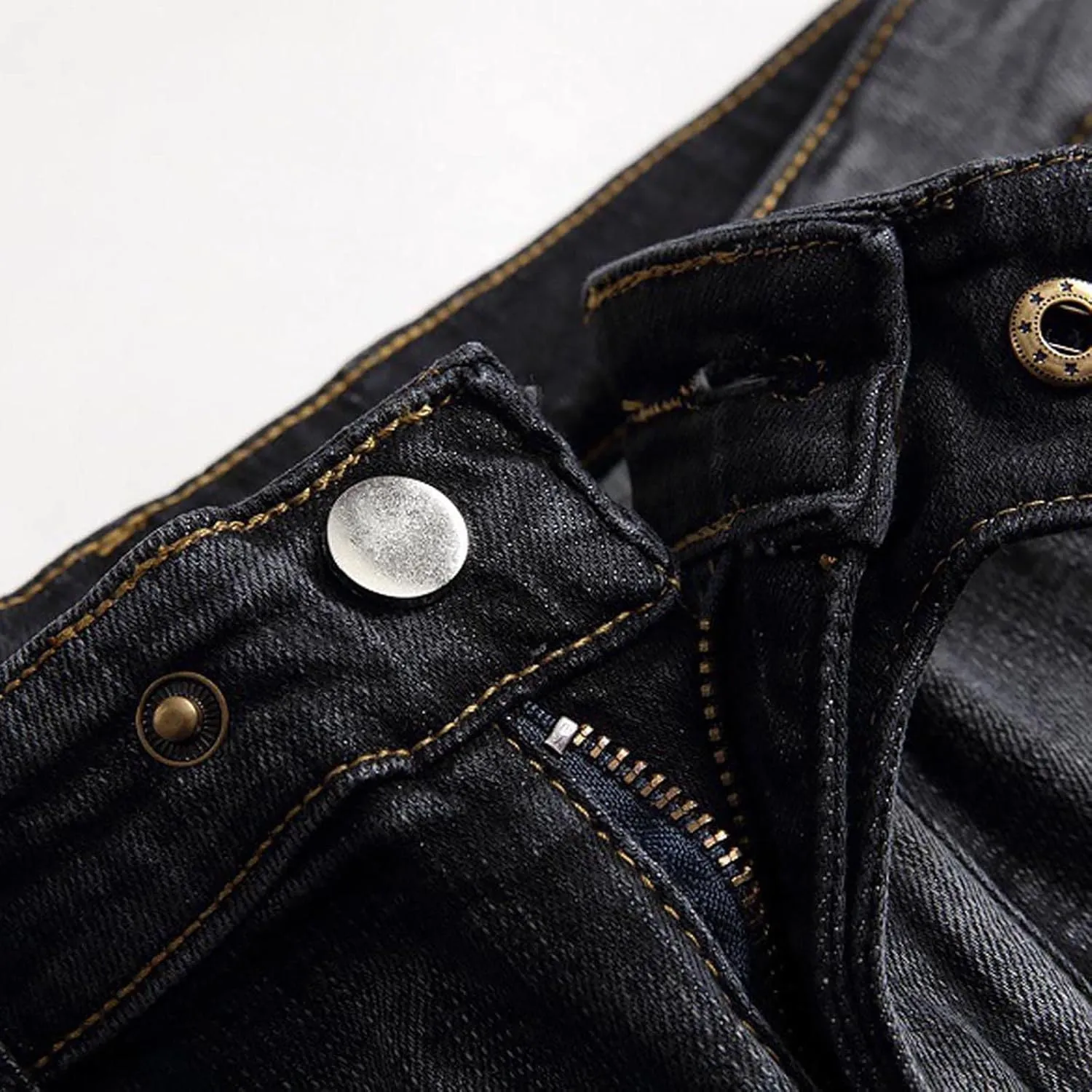 Men's Biker Moto Washed Jeans Bleach Distressed Slim Fit Straight Denim Pants Patchwork Patched Joggers Trousers