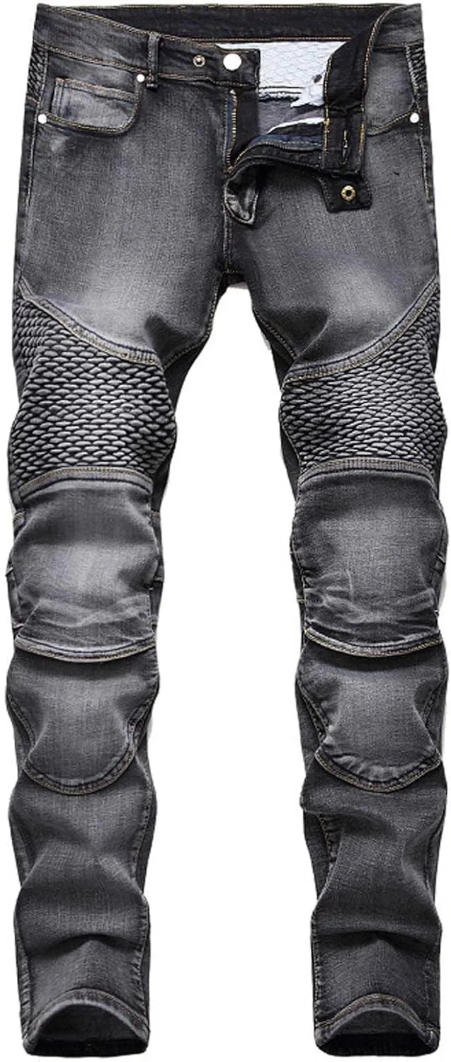 Men's Biker Moto Washed Jeans Bleach Distressed Slim Fit Straight Denim Pants Patchwork Patched Joggers Trousers