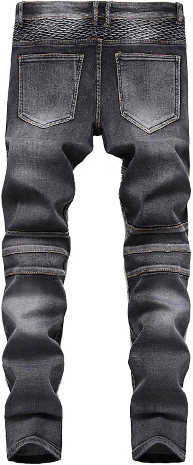 Men's Biker Moto Washed Jeans Bleach Distressed Slim Fit Straight Denim Pants Patchwork Patched Joggers Trousers