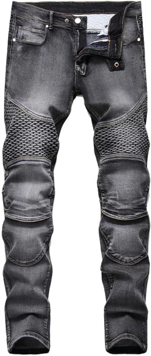 Men's Biker Moto Washed Jeans Bleach Distressed Slim Fit Straight Denim Pants Patchwork Patched Joggers Trousers