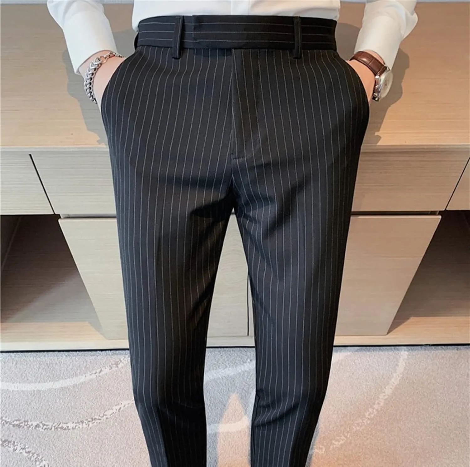 Men's Lightweight Slim Fit Striped Dress Pant Stretch Casual Business Flat-Front Chino Suit Trousers