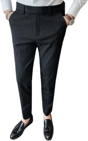 Men's Lightweight Slim Fit Striped Dress Pant Stretch Casual Business Flat-Front Chino Suit Trousers