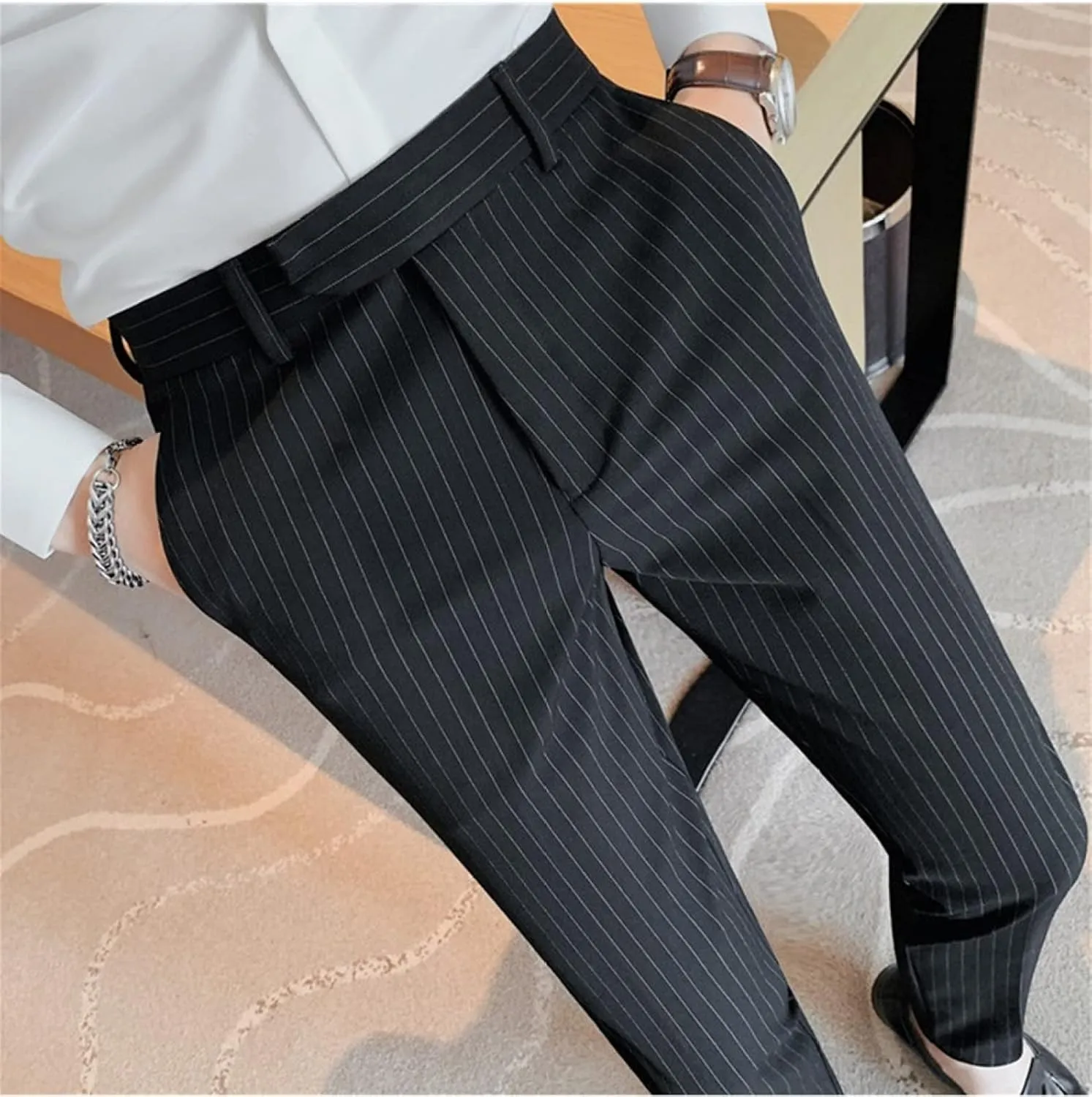 Men's Lightweight Slim Fit Striped Dress Pant Stretch Casual Business Flat-Front Chino Suit Trousers