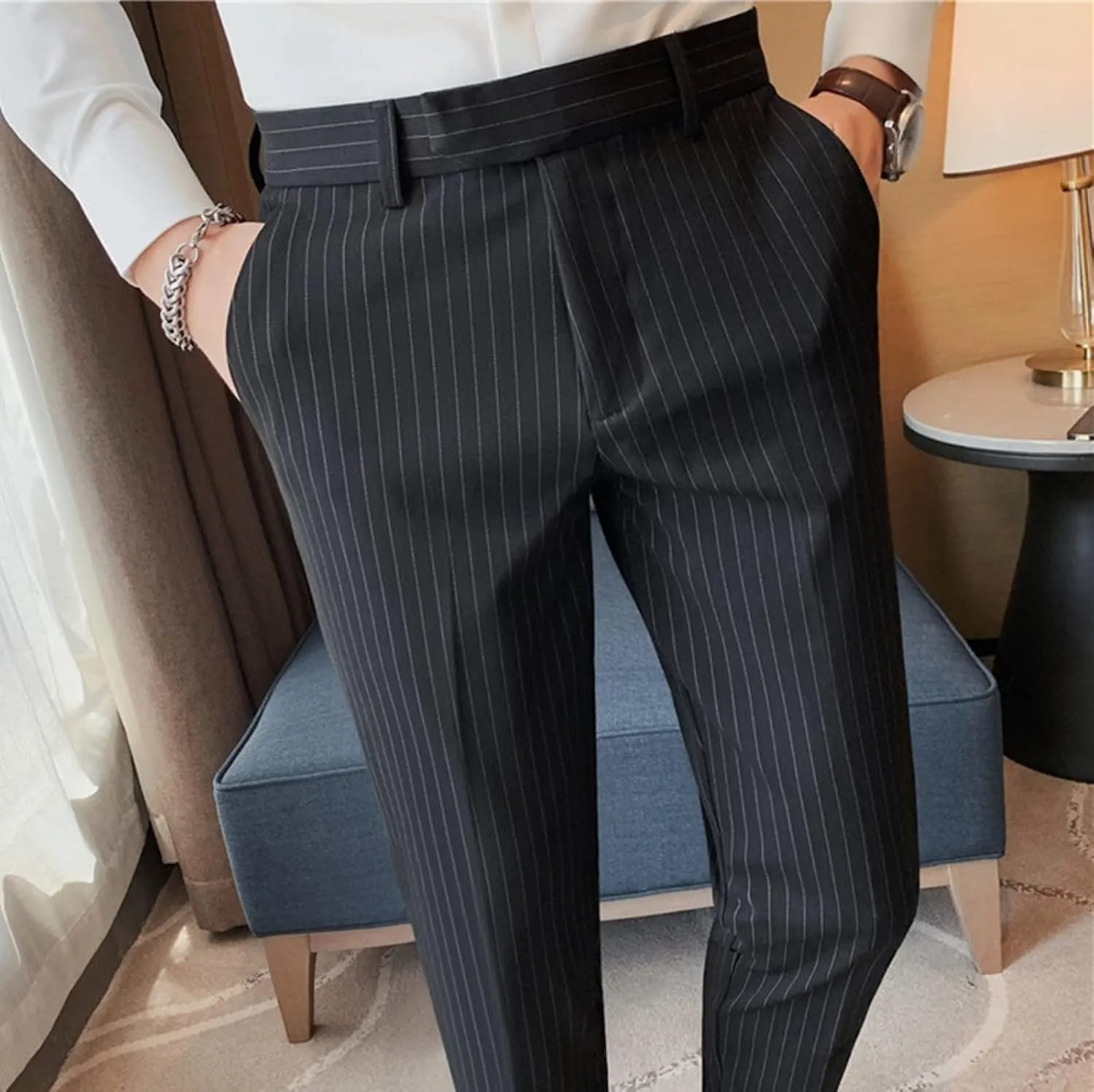 Men's Lightweight Slim Fit Striped Dress Pant Stretch Casual Business Flat-Front Chino Suit Trousers