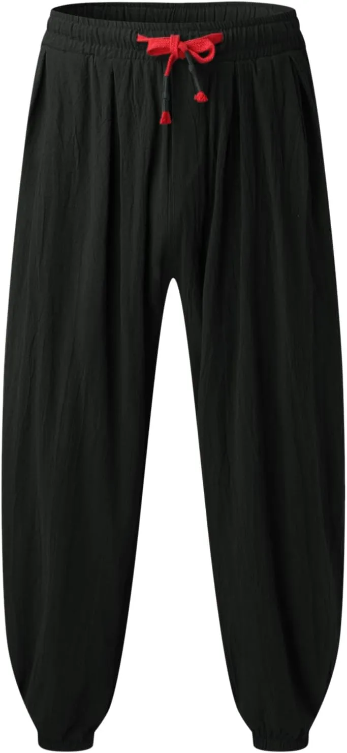 Mens Linen Beach Pants Big Tall Elastic Classic Waist Lounge Beach Pants Summer Casual Straight Leg Dress Trouser