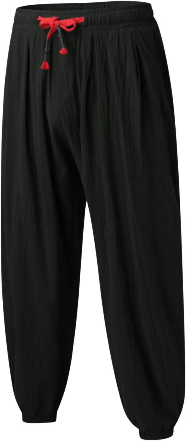 Mens Linen Beach Pants Big Tall Elastic Classic Waist Lounge Beach Pants Summer Casual Straight Leg Dress Trouser