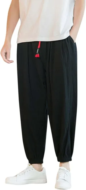 Mens Linen Beach Pants Big Tall Elastic Classic Waist Lounge Beach Pants Summer Casual Straight Leg Dress Trouser