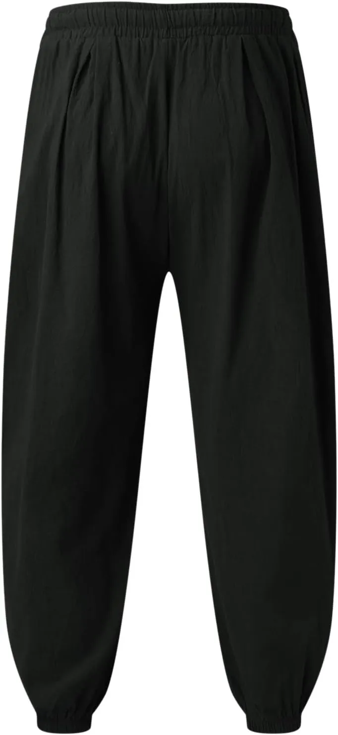 Mens Linen Beach Pants Big Tall Elastic Classic Waist Lounge Beach Pants Summer Casual Straight Leg Dress Trouser