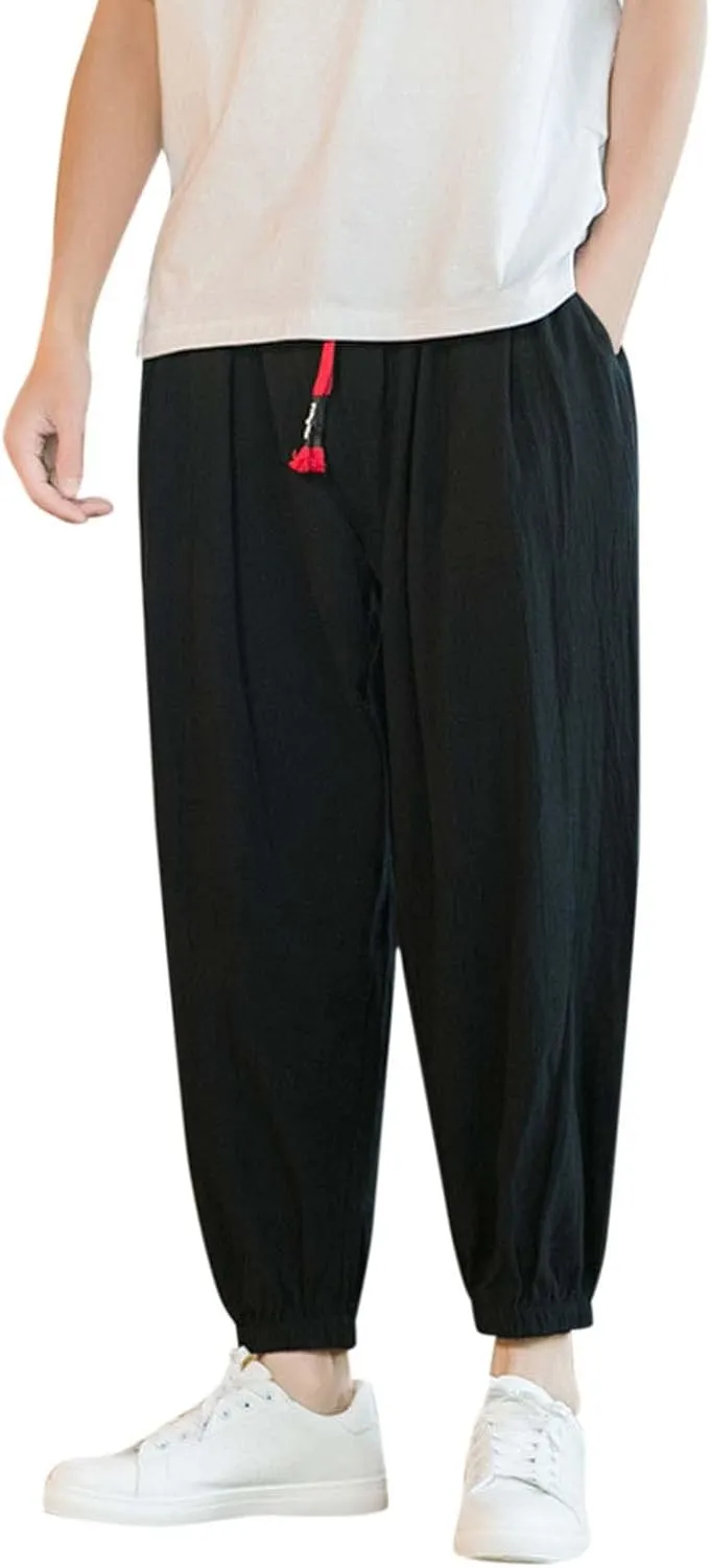 Mens Linen Beach Pants Big Tall Elastic Classic Waist Lounge Beach Pants Summer Casual Straight Leg Dress Trouser