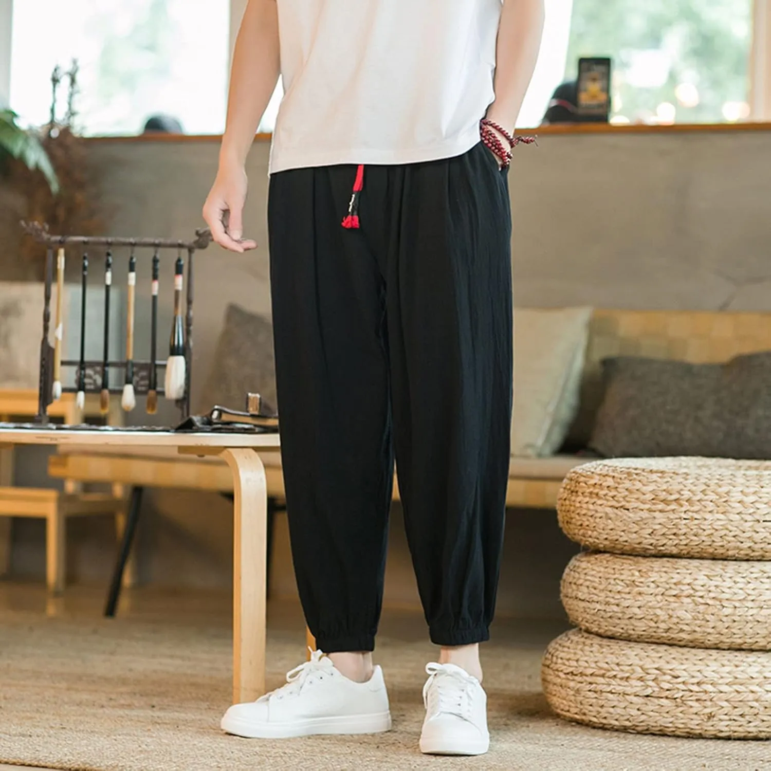 Mens Linen Beach Pants Big Tall Elastic Classic Waist Lounge Beach Pants Summer Casual Straight Leg Dress Trouser