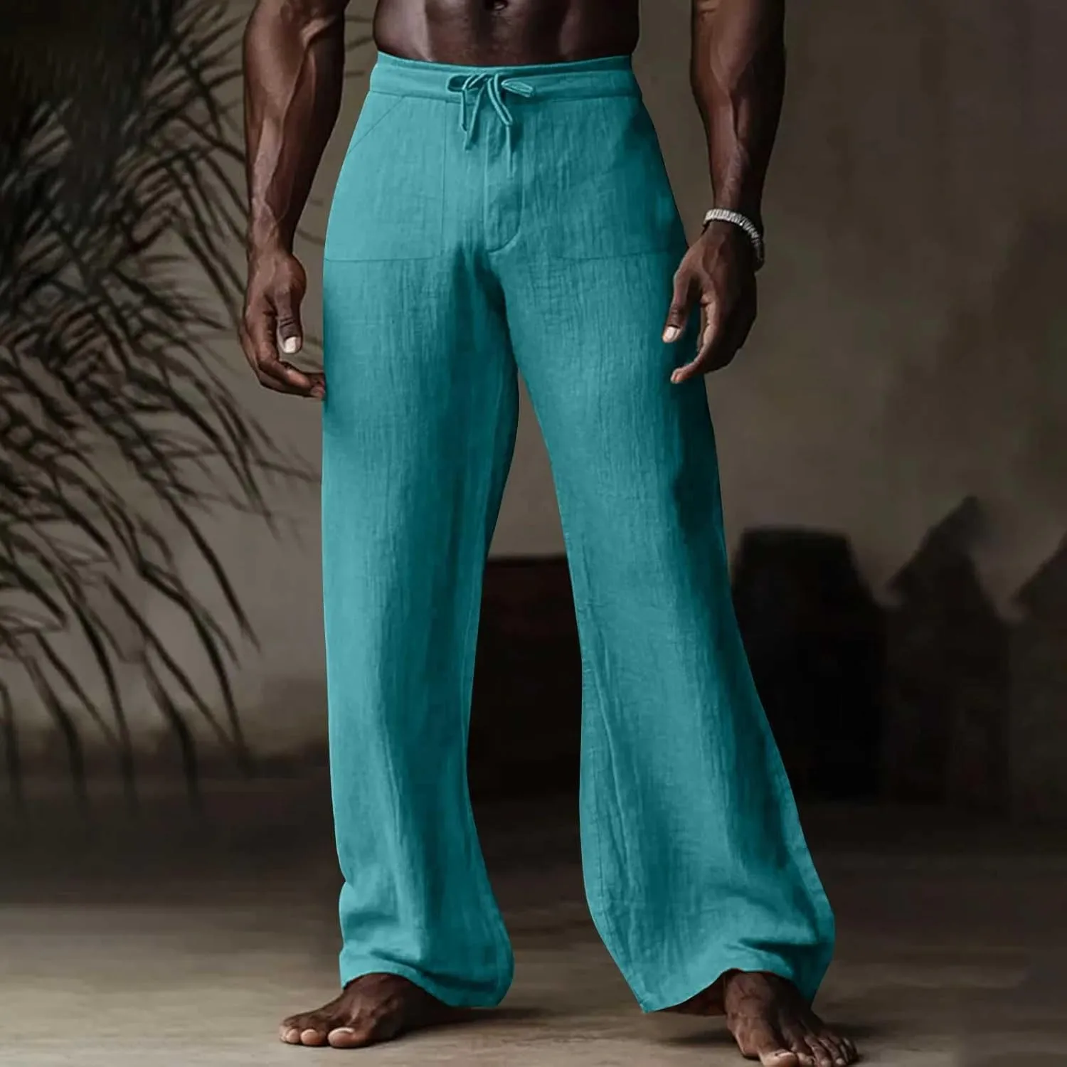Mens Linen Pants Casual Drawstring Elastic Waist Yoga Pant Summer Lightweight Baggy Straight Leg Beach Loose Trousers