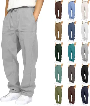 Mens Linen Pants Casual Drawstring Elastic Waist Yoga Pant Summer Lightweight Baggy Straight Leg Beach Loose Trousers