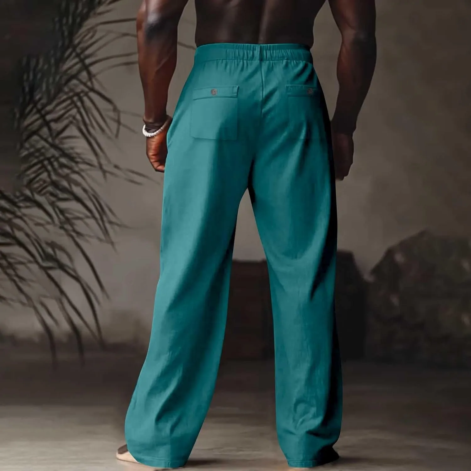 Mens Linen Pants Casual Drawstring Elastic Waist Yoga Pant Summer Lightweight Baggy Straight Leg Beach Loose Trousers