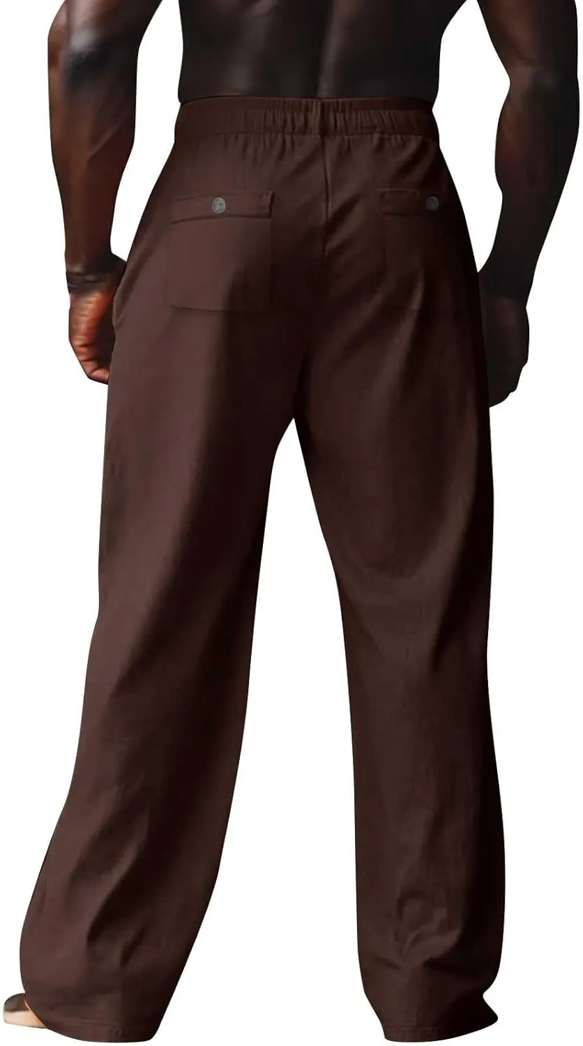 Mens Linen Pants Casual Drawstring Elastic Waist Yoga Pant Summer Lightweight Baggy Straight Leg Beach Loose Trousers