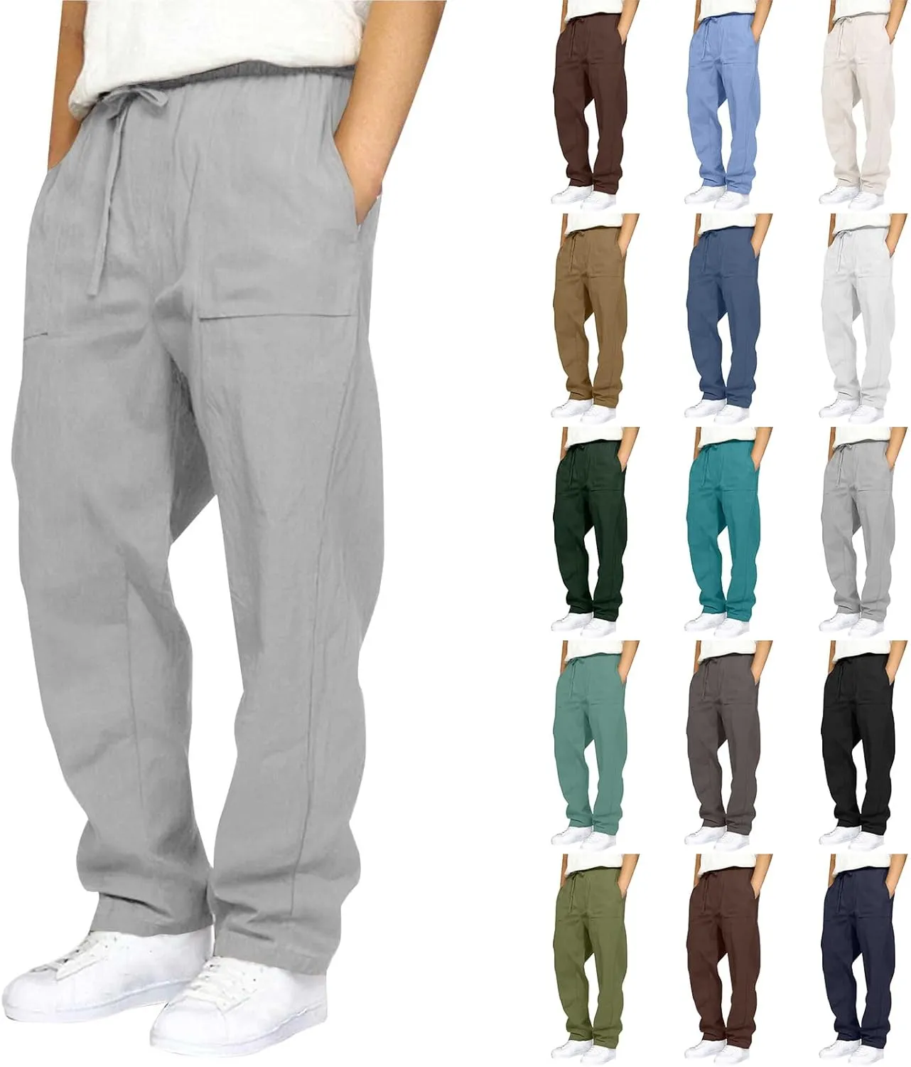 Mens Linen Pants Casual Drawstring Elastic Waist Yoga Pant Summer Lightweight Baggy Straight Leg Beach Loose Trousers