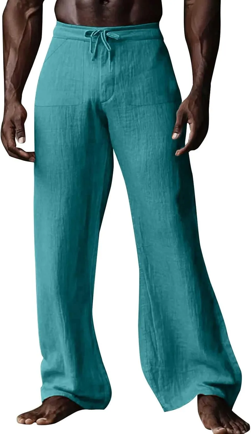 Mens Linen Pants Casual Drawstring Elastic Waist Yoga Pant Summer Lightweight Baggy Straight Leg Beach Loose Trousers
