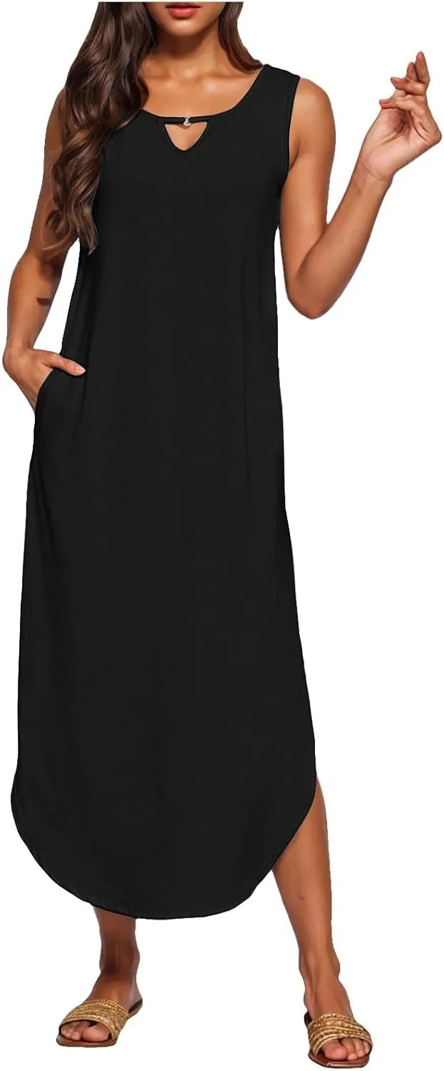 Midi Dresses for Women 2025 Boho V Neck Sleeveless Tank Sundresses Casual Loose Beach Long Maxi Dress Summer Dress