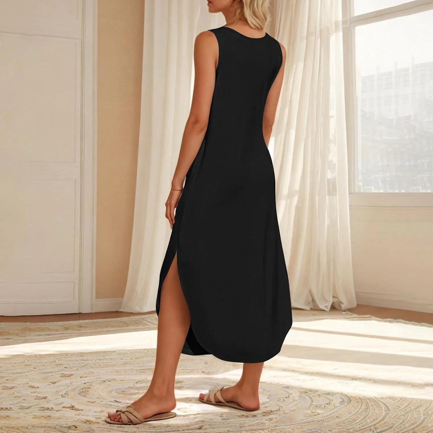 Midi Dresses for Women 2025 Boho V Neck Sleeveless Tank Sundresses Casual Loose Beach Long Maxi Dress Summer Dress